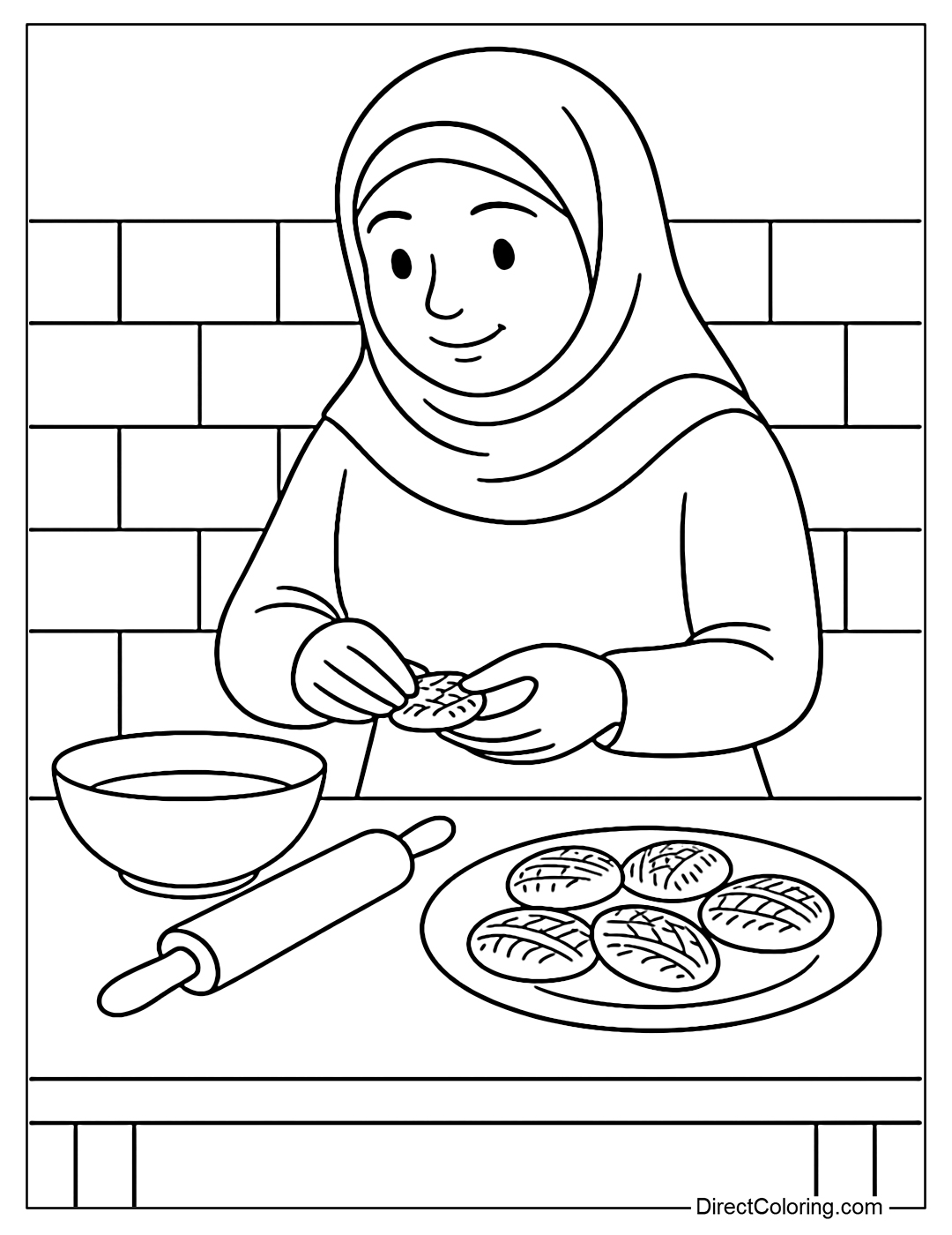 Coloring page of Iranian woman making traditional sweets on a small kitchen table.